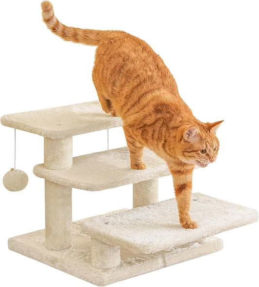 15''H Multi-Step Pet Stairs for High Beds & Sofas, 3-Step Cat Stairs with 2 Toy Balls, Wide Boards for Indoor Kittens Dogs Pets Climbing, Beige