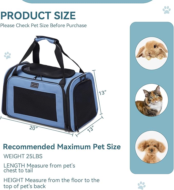 PETSFIT Dog Carrier for Small Dogs, Large, Blue | Soft-sided Pet Carrier, Safety leash included, For Pets Up to 25 Lbs