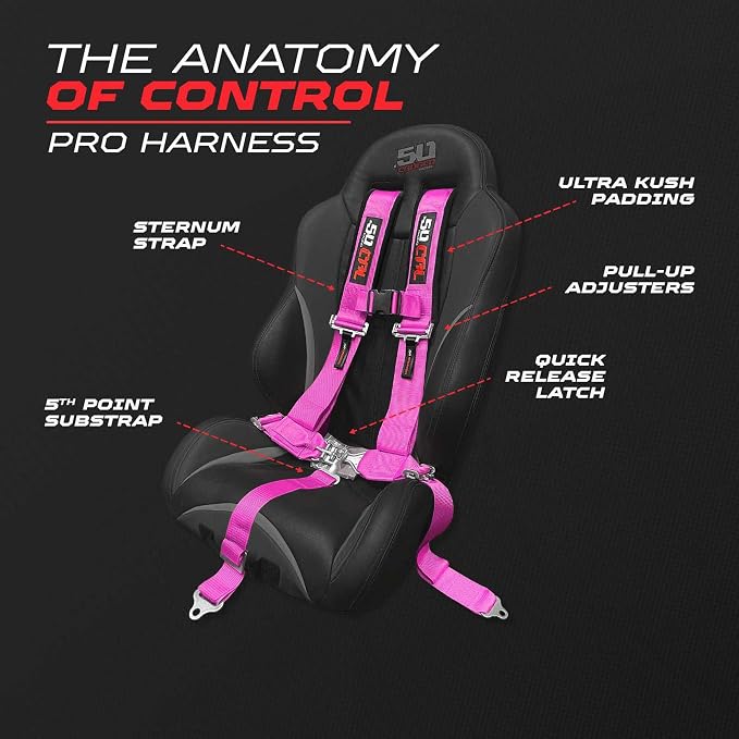1pc 50 Cal Pink 5 Point Harness w/ 2" straps, Racing Harness Seat Belt | Ultra Kush padding, Race latch quick release hardware. Universal Fit for UTV, RZR, race car. Part# 6009A2