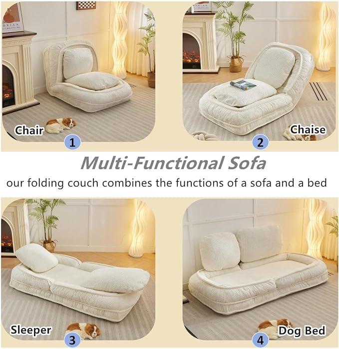 Foldable Lazy Sofa Bed with 5 Levels Adjustable Backrest, Beige | Comfy Upholstered Human Dog Bed for Adults and Pets, Lazy Floor Lounger with 2 Soft Cushions for Living Room Bedroom