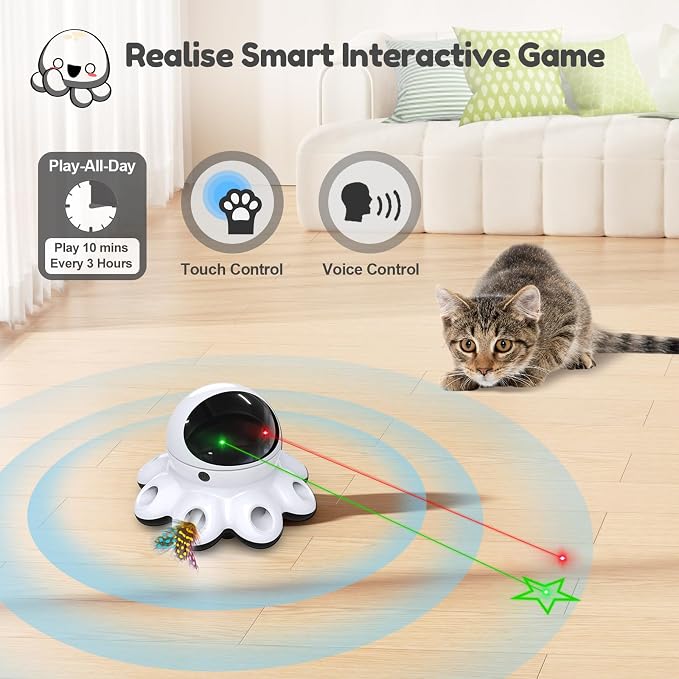 ORSDA Cat Laser Toy, 2-in-1 Interactive Automatic Motion Activated Moving 8 Holes Whack A Mole Feather, USB Rechargeable Electronic Smart Sensor Kitten Toys for Indoor Exercise