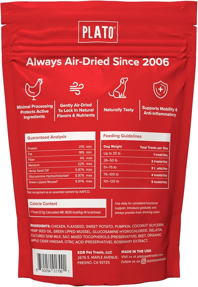 PLATO Pet Treats Air-Dried Wellness Chews for Dogs – Functional Dog Chews – Supports Mobility & Joint Health – Green-Lipped Mussel, Glucosamine & Hemp Seed Oil Recipe 16oz