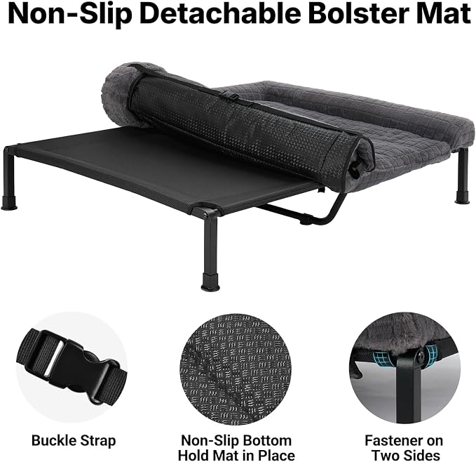 Veehoo Plush Double Dog Couch Bed for 2 Dogs, Washable Elevated Dog Bed | Cooling Raised Pet Cot with Removable Bolster Cushion, Breathable Mesh, No-Slip Feet, 53 x 37 inches, Grey