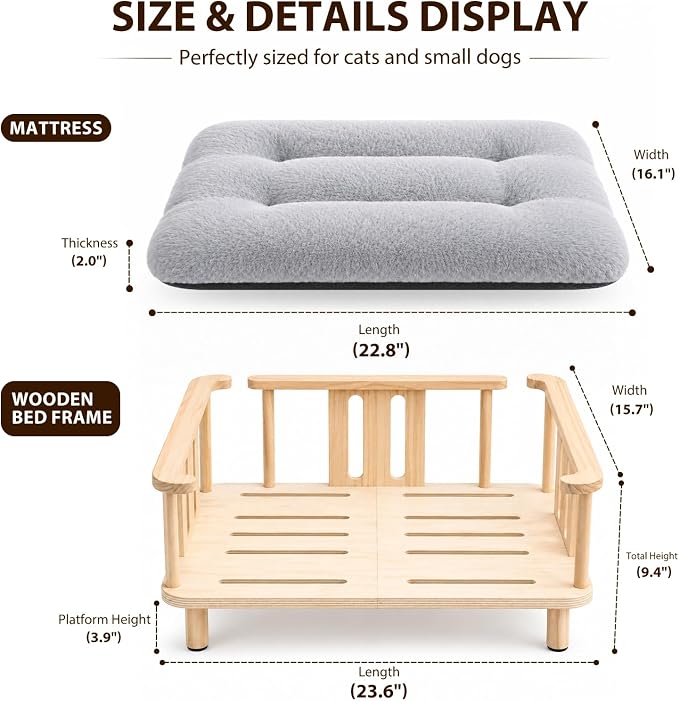 Summark Elevated Cat Couch & Dog Sofa, Solid Wood Raised Pet Bed with Machine Washable Plush Mattress, Indoor Cat Furniture for Cats & Small Dogs, Supports Up to 60 lbs