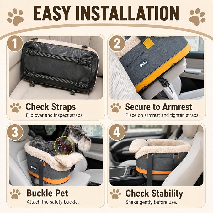 Pet Car Center Console Elevated Armrest Car Seat for Small Puppy, Dogs & Cats (Up to 10 lbs) – Dark Gray Washable Plush Carrier with Safety Leash, Fits Front Vehicle Console Space (Dark Grey)