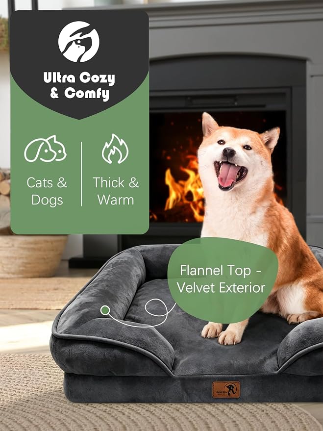 Spotted Play Orthopedic Dog Bed with Sides - Sofa Beds for Medium Dogs, Supportive Foam Pet Couch Bed with Washable Removable Cover, Waterproof Lining and Non-Slip Bottom, Dark Grey - M