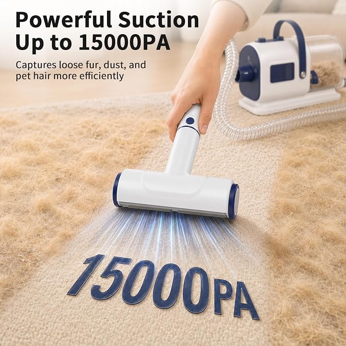 Buenkee Dog Grooming Vacuum & Blow Dryer Kit, Pet Clipper, 15000Pa Suction | 3-in-1 Pet Care, Removes Loose Fur, Styles Coats & Dries After Baths, Adjustable Heat & Airflow, 1.7L Dust Cup for Easy Clean