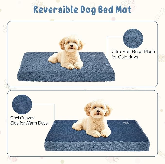 EMPSIGN Dog Bed Mat Crate Pad Mattress, Ultra Soft Pet Kennel, Navy, Small | Reversible(Cool & Warm), Waterproof Linings, Removable Machine Washable Cover, for 24" Dog Crate, Soft Rose Plush/Canvas
