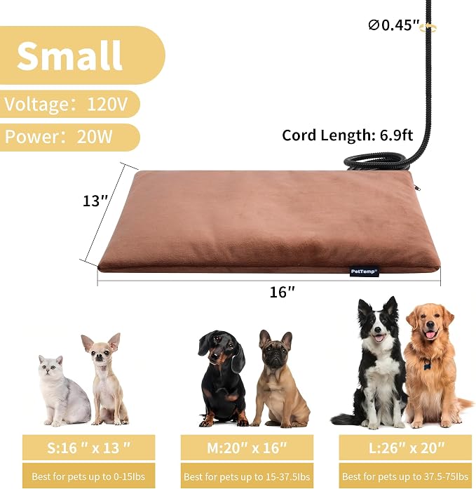 Pet Heating Pad for Cats Dogs Indoor & Sheltered Outdoor Waterproof Heated Cat Bed Heated Dog Bed Chew Resistant Cord Constant Temperature Brown 16 x 13 Inch