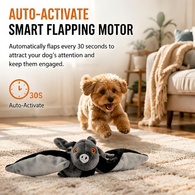 Flying Bat Toy for Dogs & Cats, Flapping Wings Interactive Pet Toy，1 | Flapping bat toy with chirping engages cats and dogs, mimics real flying motion. Cute interactive pet teaser