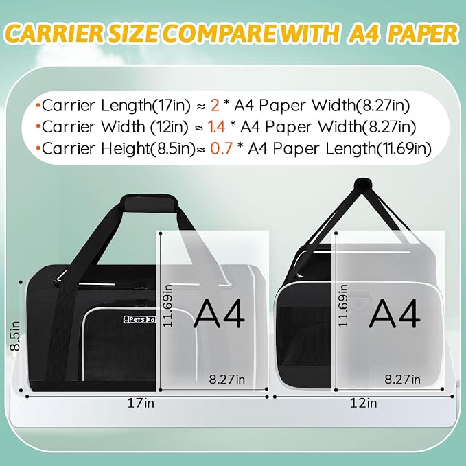 Small Pet Carrier 17" L x 12" W x 8.5" H Airline Approved, Black | for JetBlue/Frontier/Spirit Airlines, Lockable Safety Zippers and Anti-Scratch Mesh, Pets Under 8 lbs