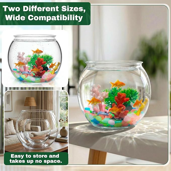 Cinnvoice 521 Pcs Plastic Fish Bowls Starter Kit, 1.5 Gallon & 0.27 Gallon Round Shatterproof Aquarium with Luminous Stones, Artificial Plants, Decor for Betta Goldfish, Small Fish Tank for Office