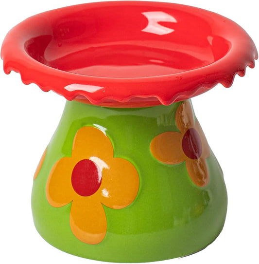 Mushroom Elevated Cat Bowls Ceramic, Cute Cat Bowls Whisker Fatigue | Raised Cat Bowl for Indoor Cats, Raised Dog Bowls Stand for Food and Water, Red 5.8" Wide for Adult Cats