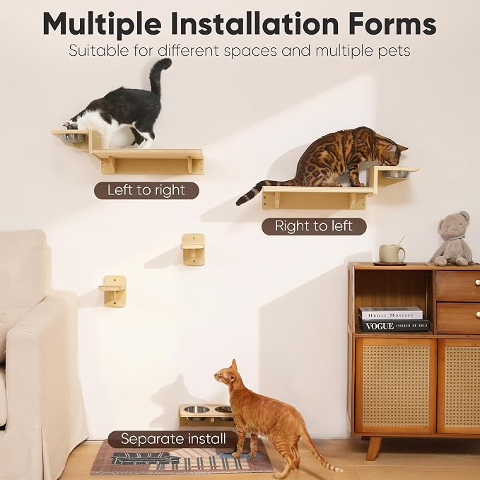 FUKUMARU Cat Wall Shelves, Food Station with 2 Steps | 3 in 1 Cats Walls Furniture Set, Birch Plywood Perch, Suitable for Kitten Play, Nap, Eat, DIY Wall Jungle Gym