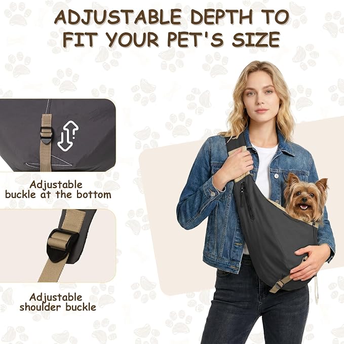 Dog Carrier Sling for Small Dogs/Cats Up to 15 lbs - Multi-Pocket Oxford Pet Sling Carrier Bag with Adjustable Strap (Black)