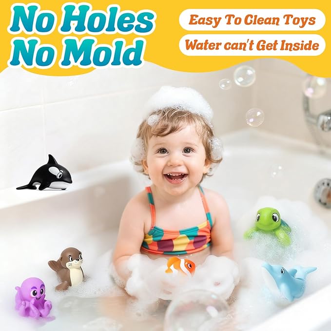 Mold Free Bath Toys - 6 Pcs Ocean Baby Bath Toys for Kids Ages 1-3, No Hole Design Keeps Moisture Out, Toddlers Learn Sea Animals with Bathtub Soft Squeeze Toys, Pool Toy