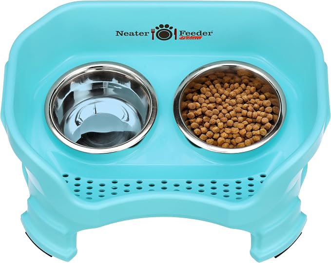 Neater Feeder Deluxe Mess-Proof Elevated Dog Bowls for Small Dogs (Up to 19 lbs), 2 Height Adjustable (6” & 7.5”) No-Spill Raised Dog Bowl Stand, Stainless Steel Food Bowl Set, Made in USA, Aquamarine