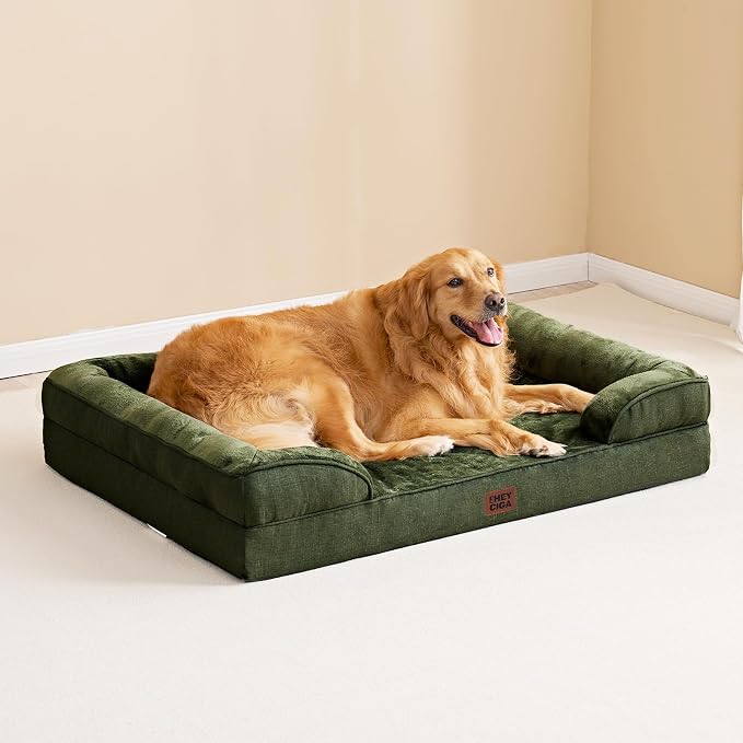 EHEYCIGA Orthopedic Dog Beds for Large Dogs, Waterproof Memory Foam Large Dog Bed with Sides, Non-Slip Bottom and Egg-Crate Foam Pet Couch Bed with Washable Removable Cover, Dark Green | Non-Slip Bottom and Egg-Crate Memory Foam XL Dog Couch Bed with W...