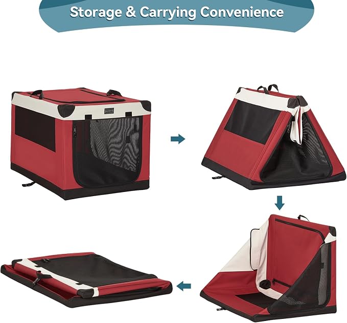 PETSFIT 40" Soft Portable Dog Crate – Patented Spiral Sturdy Frame, Collapsible Travel Kennel for Large Dogs, 3 Mesh Door, Lockable Zippers, Indoor & Car Use Red