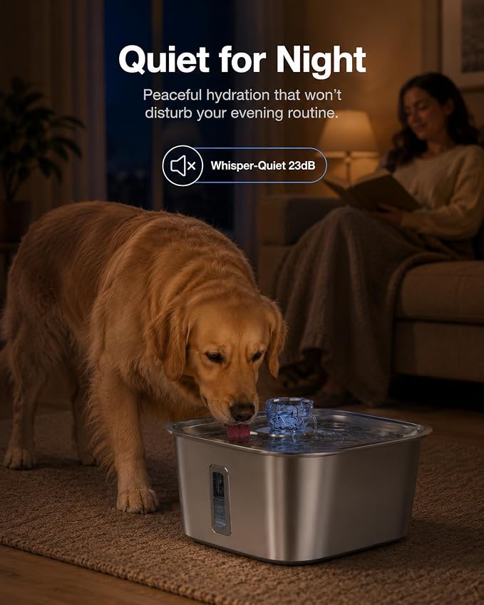 PETNF 3-Gallon Stainless Steel Dog Water Fountain for Large Dogs, Dog Water Bowl Dispenser with 2 Filters, Visible Water Window, Quiet Pump & LED Low-Water Indicator