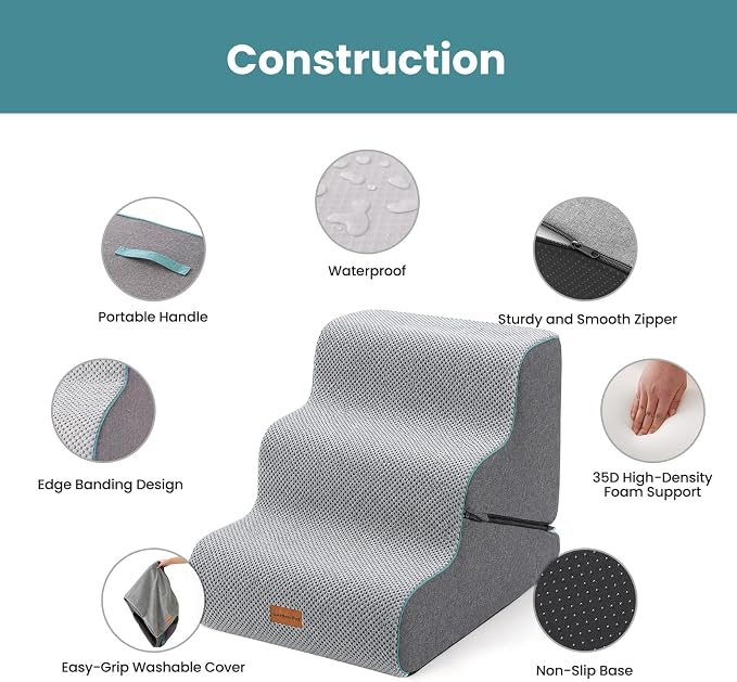 Gardner Pet Dog Stairs for Small Dogs 16.5" H, 2 in 1 Transformable 3-Step Pet Stairs and Dog Ramp for Couch (13-20 in), Grey Adjustable Pet Steps with Zipper