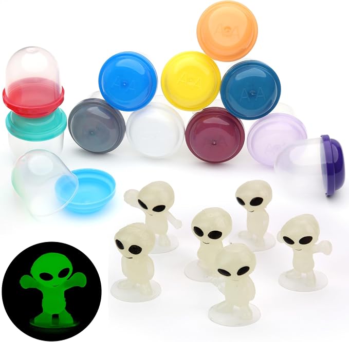 Alien Toys in Capsules - 50 Pcs of 1.1 Inch Plastic Capsules & 1 Inch Glow in the Dark Alien Figurines for Kids - Party Favors - Classroom Prizes - Toys Bulk for Vending Machine Refill