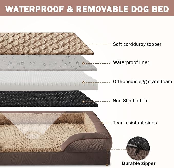 Orthopedic Dog Bed for Large Dogs, Washable Waterproof, Egg-Crate Foam Dog Couch Bed with Washable Removable Cover, Waterproof Lining and Nonskid Bottom