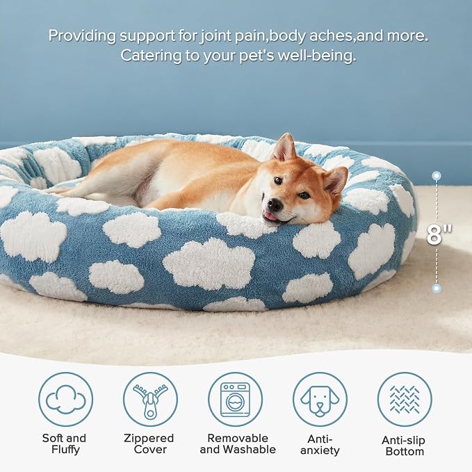 JOEJOY Jacquard Donut Round Small Dog Beds,Blue 27x27x8in, Removable Washable Cover, Cute Pattern, Ultra Soft Fluffy Calming Pet Bed with Thick Supportive Bolster
