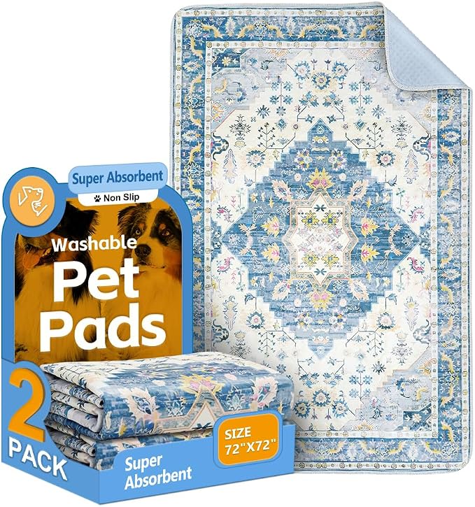 Washable Pee Pads for Dogs, 2 Pack Reusable Puppy Training Pads 72"x72" Super Absorbent Waterproof Dog Training Pads, Non-Slip Potty Pads, Whelping Pads Litter Mat Blue Medallion