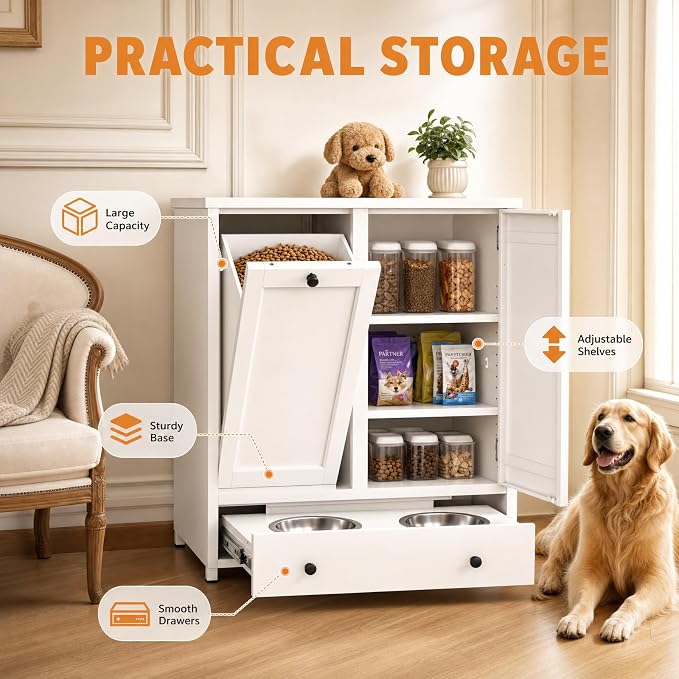 Dog Feeding Station Cabinet with Storage, Metal Pet Feeding Station with Storage, Tilt-Out Dog Food Storage Cabinet with 2 Stainless Steel Bowls, Hidden Feeding Station for Dogs & Cats, White
