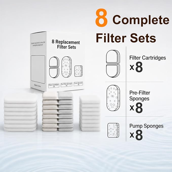 4L Cat Water Fountain Filters, 8-Pack Replacement Filters for YSJ402 | 8 Filter Cartridges, 8 Pre-Filter Sponges, 8 Pump Sponges, Helps Remove Hair, Debris & Odors, 4-Month Supply