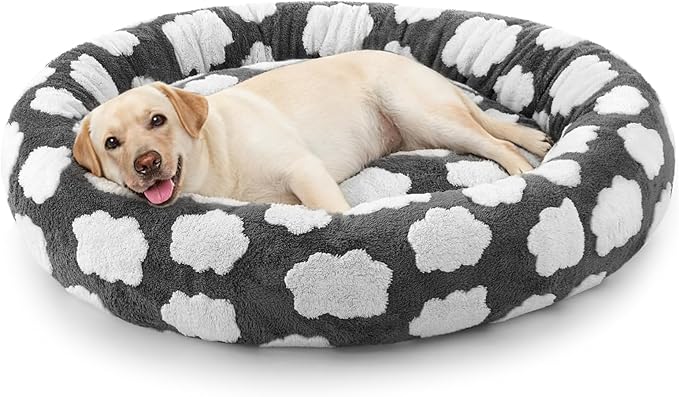 JOEJOY Jacquard Donut Round Dog Beds Large Sized Dog,Grey 36x36x8in, Removable Washable Cover, Cute Pattern, Ultra Soft Fluffy Calming Pet Bed with Thick Supportive Bolster