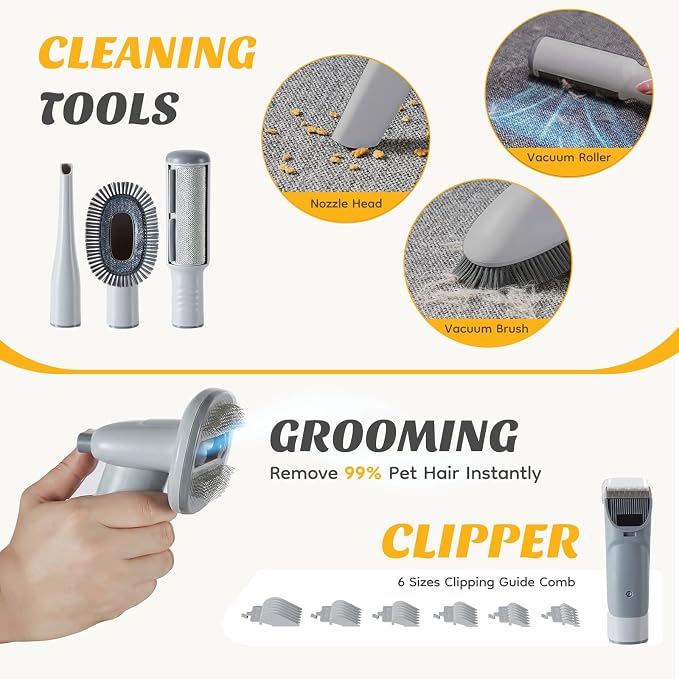 NEWBULIG Pet Grooming Vacuum Kit for Cats and Dogs, 2.5L Dust Cup | 3 Suction Modes and 5 Groomer Tools, Dog Clippers with Cordless Low Noise for Cats, Dogs Other Animals Hair Trimmer, Gray