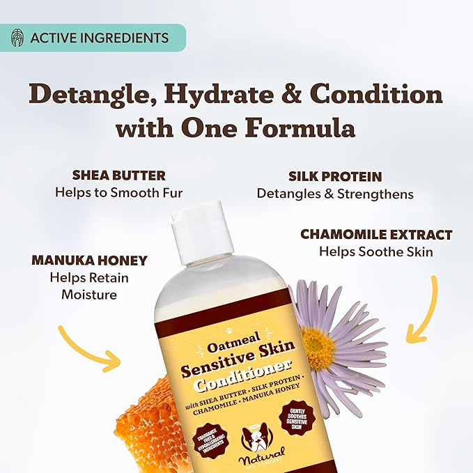 Natural Dog Company Sensitive Skin Dog Conditioner – Oatmeal Moisturizing for Sensitive & Itchy Skin, Detangling Grooming Formula for Long Haired Dogs, with Manuka Honey & Chamimile, 12 oz