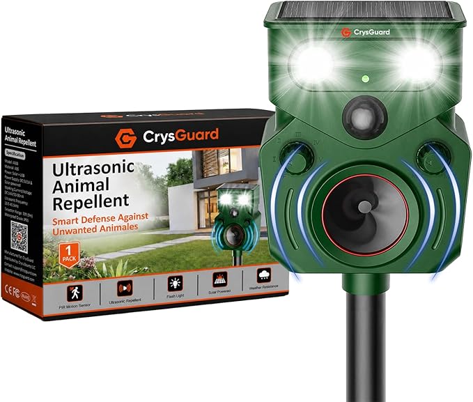 Solar Ultrasonic Animal Repellent Outdoor – Motion Activated, IP65 Waterproof, Designed to Discourage Unwanted Animals in Yard – Deer, Coyote, Cats, Squirrel, Raccoon with LED Flashing Lights