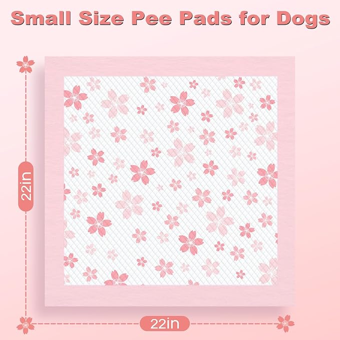 MIZOK Pink Puppy Pads with Adhesive Tabs Disposable No Leak 22x22in 100Ct | Cute Cherry Blossom Designs Feature Pheromone Attractant for Fast Training Small Dog Potty Pads Ideal for Female Puppy Needs