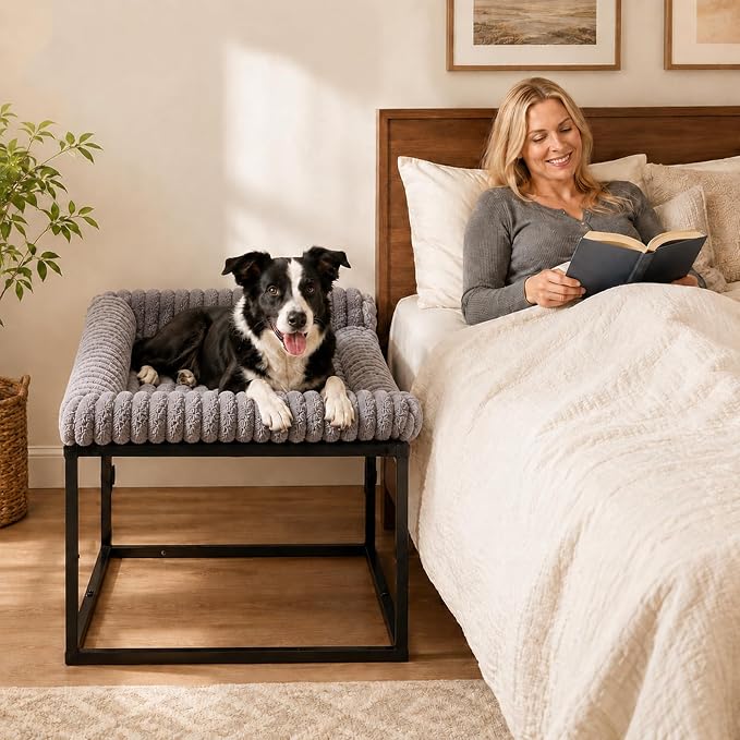 Adjustable Bedside Dog Bed for Medium Dogs | Elevated Co-Sleeper Dog Bed with Metal Frame, Thick Supportive Cushion Mattress & Washable Cover, Dog Bedside Sleeper
