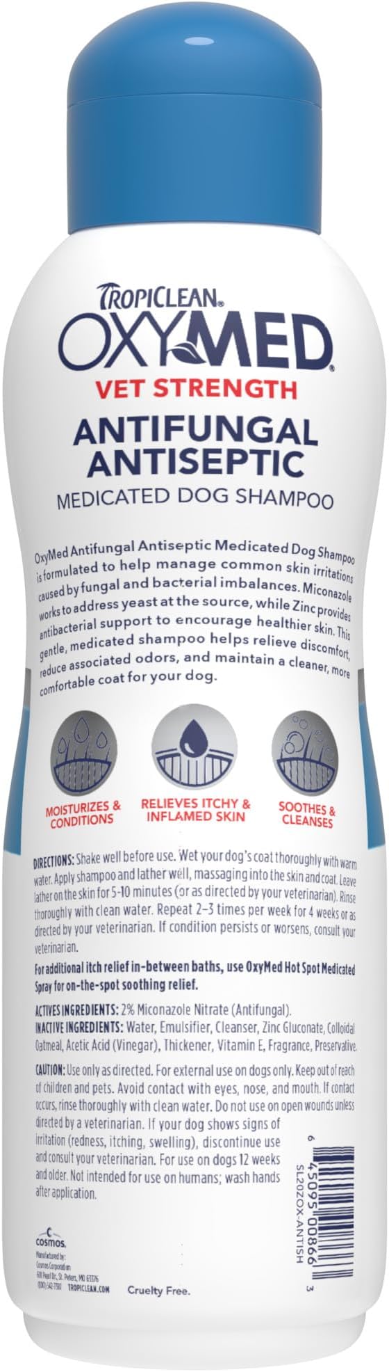 TropiClean OxyMed Medicated Antifungal Dog Shampoo, Yeast Dermatitis Treatment for Dogs, Deep Cleaning & Healing Formula with Miconazole, Zinc & Oatmeal, 20oz