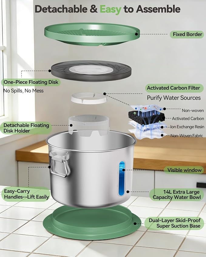 UPSKY 14L No Spill Dog Water Bowl, Stainless Steel Spill Proof Dog Bowl with Water Window, Dual-Suction Anti-Slip Large Capacity Slow Drinking Bowl with Floating Disk for Large Dogs & Messy Drinkers | Extra-large Capacity, 304 Stainless Steel, Dual-suc...