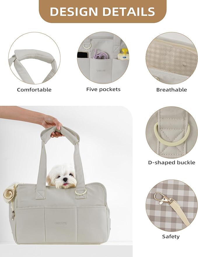 ONECUTE Dog Purse Carrier for Small Dogs Rabbit cat with Large Pockets, Cotton Bag, Dog Carrier Soft Sided, Collapsible Travel Puppy Carrier (Grey, 13.6" L x 6.5" W x 10" H)