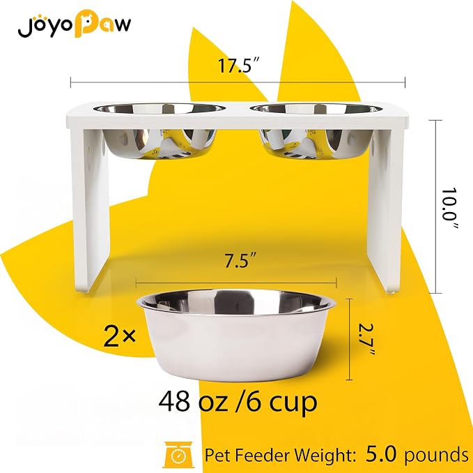 Elevated Dog Bowls, Waterproof Raised Dog Bowl for Medium & Large Dogs, HIPS Poly Lumber Stand with 2 Stainless Steel Bowls, Indoor & Outdoor Use (10'' Tall–48 oz Bowl, White)