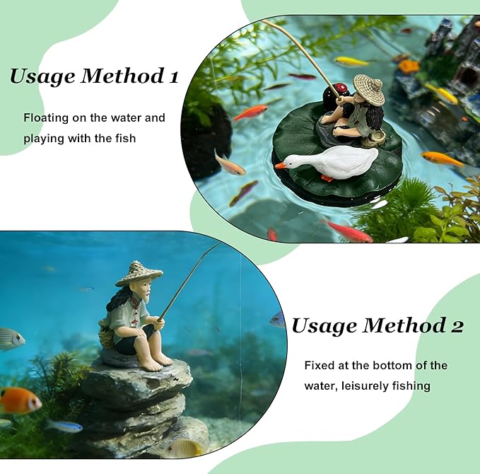 Fish Tank Decorations Floating Fish Tank Decorations,Retro Fisherman Sculpture Fish Tank Decoration with Three Small Ornaments with Mini Fishing Rod Funny Cool for Betta Bowl Zen Aquariums