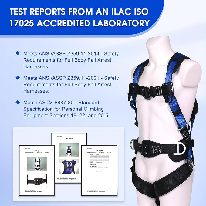 Fall Protection Premium Safety Harness with Shock Absorbing Lanyard, Vented & Padded Shoulder, Legs & Back - Upgrade 4 Quick Buckles (Blue)