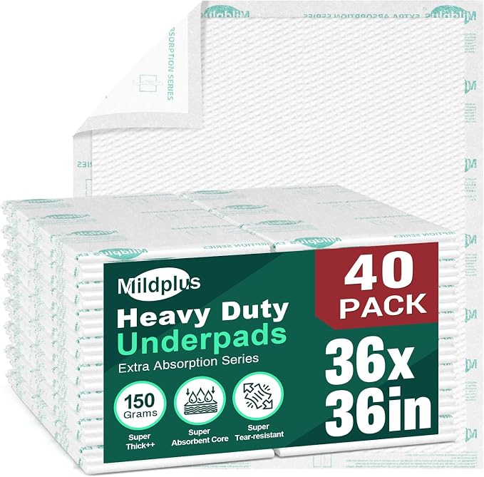 MILDPLUS Heavy Duty Underpads 36"X36", 40 Count, Ultra Absorbent Chucks 150Grams Tear-Resistant Bed Pads Disposable Incontinence Pads for Adults, Kids or Pets (Discreet Packaging)