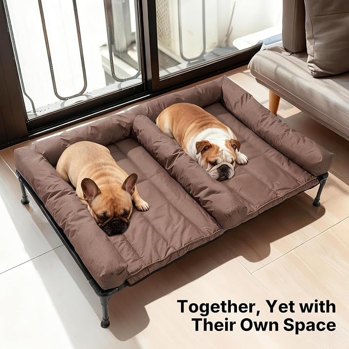 Veehoo Elevated Dog Bed for 2 Dogs, Cooling Raised Dog Bed with Bolster Mat | Outdoor Double Dog Bed with Removable Waterproof Cushion, Breathable Mesh, Non-Slip Feet for Outdoor & Indoor, 49", Brown