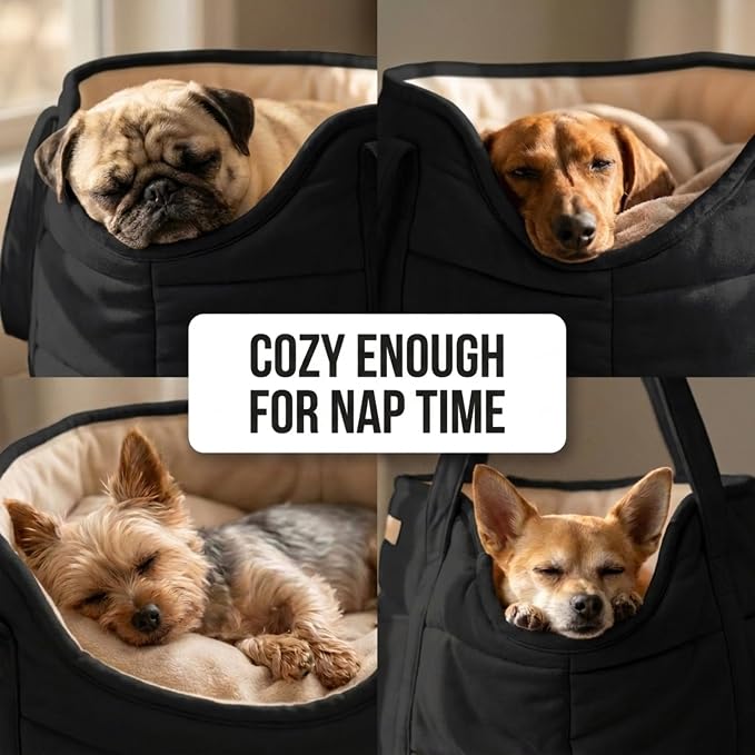 Plush Dog Purse Carrier for Small Dogs, Soft Tote Bag with Safety Harness Clip, Cozy Pet Carrier for Dogs Under 15 lbs, Comfortable Shoulder Carrier for Travel, Black 2.0