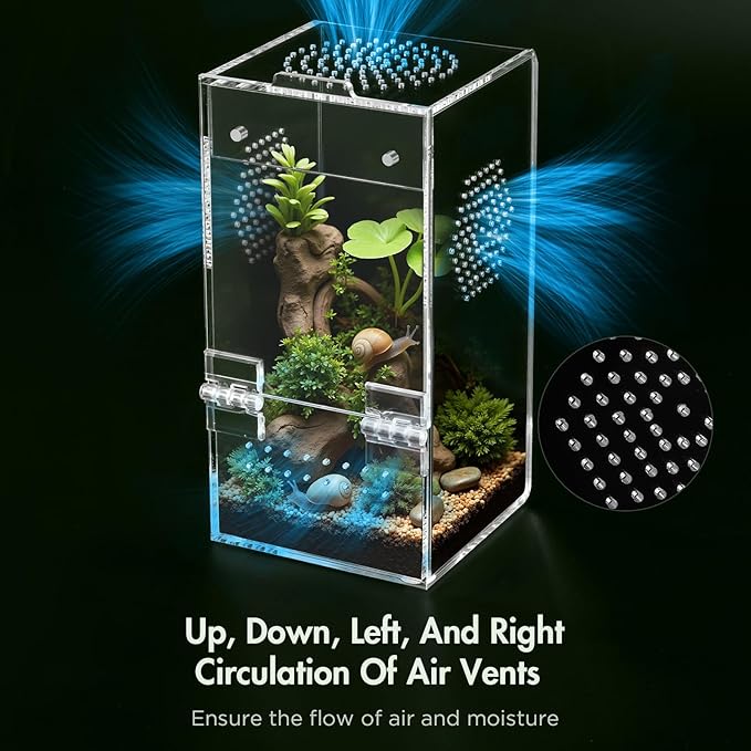 Pre-Assembled Jumping Spider Enclosure, Acrylic Terrarium with Magnetic Door & All-Side Ventilation, Habitat for Spiderling, Mantis, Tarantula, Snail, 3.5"×3.5"×7" (Tweezer & Temp Sticker Included)
