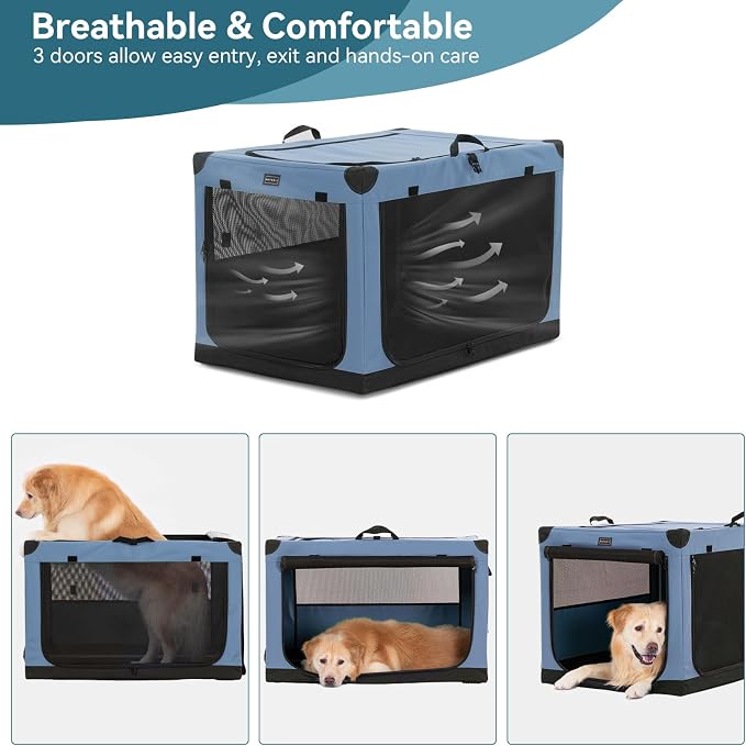 PETSFIT 36" Soft Portable Dog Crate – Patented Spiral Sturdy Frame, Collapsible Travel Kennel for Medium & Large Dogs, 3 Mesh Door, Lockable Zippers, Indoor & Car Use Blue