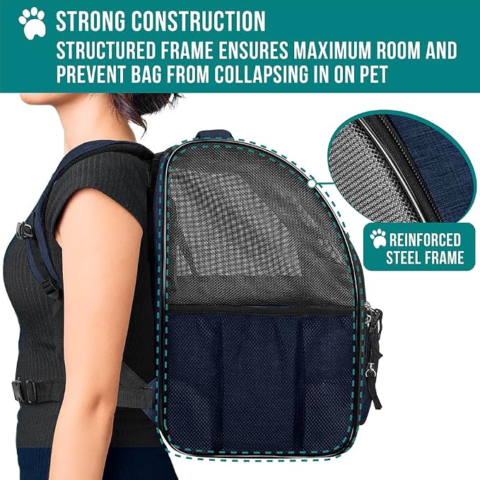 PetAmi Dog Backpack Carrier for Small Medium Dogs Large Cats up to 18 lbs, 2 Side Entry, Structured No-Collapse Frame, Airline Approved Ventilated Pet Backpack for Hiking Camping Travel Vet, Navy