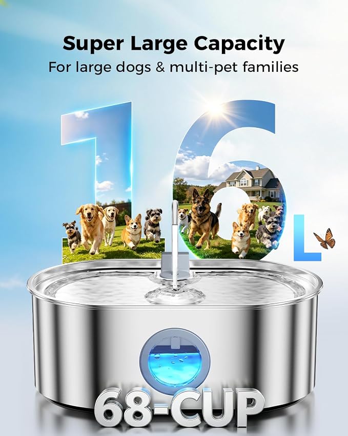 4.2Gal Extra Large Dog Water Fountain, 16L Stainless Steel Pet Water Fountain for Large Dogs, No Spill Dog Water Bowl Dispenser with Deeper Wider Bowl, 68-Cup Water Tank for Multi-Pet(with 7 Filters)
